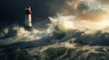 a lighthouse standing resilient against an approaching tornado or typhoon, capturing the power of nature.