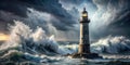 Lighthouse standing strong amidst a powerful ocean storm, its light a beacon of hope during tumultuous waves and dark clouds. Royalty Free Stock Photo
