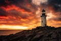 Lighthouse standing tall against dramatic sunset sky. Generative AI