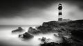 A Lighthouse Standing Tall Amidst Fog and Rocky Coast Royalty Free Stock Photo