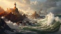 Lighthouse stands amid choppy waves in the ocean. AI-generated.