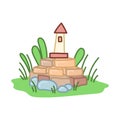 Lighthouse stands on bricks. Garden decoration on stone mountain. Vector art hand drawn on white background Royalty Free Stock Photo