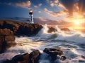 The lighthouse stands on a cliff near the ocean.