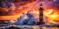 Lighthouse stands firm against powerful ocean waves during a dramatic sunset. Generative AI Royalty Free Stock Photo