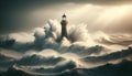 Lighthouse stands firm as mighty waves announce the sea's untamed spirit