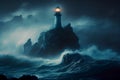 The lighthouse stands on a rock around the storm and the night Royalty Free Stock Photo