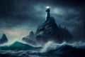 The lighthouse stands on a rock around the storm and the night Royalty Free Stock Photo