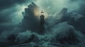 A lighthouse stands tall against a dramatic backdrop of crashing waves and dark, stormy skies, with a beacon of light shining