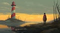 Gloomy Anime Art: Person By Lake With Lighthouse - Ismail Inceoglu Inspired