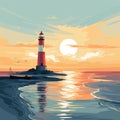 Luminous Sunset Lighthouse Painting In Minimalist Post-impressionism Style