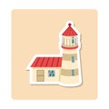 Lighthouse sticker illustration. Building, roof, window, door, tower. Editable vector graphic design. Royalty Free Stock Photo