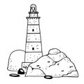 Lighthouse and stones. Hand drawn vector illustration. Black on white background Royalty Free Stock Photo