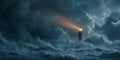 Lighthouse in Storm Dramatic Seascape Powerful Night Scene Royalty Free Stock Photo
