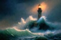 Lighthouse during storm at sea, oil or watercolor painting. Generative AI Royalty Free Stock Photo