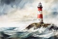 Lighthouse during a storm, seascape painted with watercolors on textured paper. Digital Watercolor Painting Royalty Free Stock Photo