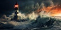 Lighthouse in Storm, Stormy Ocean Landscape and Lighthouse Royalty Free Stock Photo