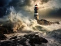 Lighthouse in Storm, Stormy Ocean Landscape and Lighthouse Royalty Free Stock Photo