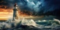 Lighthouse in Storm, Stormy Ocean Landscape and Lighthouse Royalty Free Stock Photo