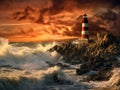 Lighthouse in Storm, Stormy Ocean Landscape and Lighthouse Royalty Free Stock Photo