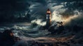 Lighthouse in a storm with thunder, lightning and big waves