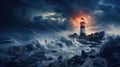 Lighthouse in a storm with thunder, lightning and big waves. Waves crashing around lighthouse