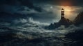 Lighthouse In Stormy Landscape. Big waves and storm around the light house, dark clouds, lighthouse sunken by ocean and sea Royalty Free Stock Photo