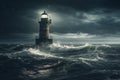 Lighthouse In Stormy Ocean in the night time. Conceptual photography Royalty Free Stock Photo