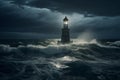 Lighthouse In Stormy Ocean in the night time. Conceptual photography