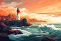 lighthouse in stormy sea big wave seascape AI generated