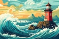 lighthouse in stormy sea big wave seascape