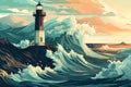 lighthouse in stormy sea big wave seascape