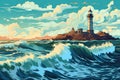 lighthouse in stormy sea big wave seascape