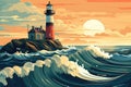 lighthouse in stormy sea big wave seascape