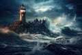 Lighthouse on stormy sea. 3D illustration, An isolated iron lighthouse shining light out to sea at night as it sits on a rocky Royalty Free Stock Photo
