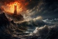 Lighthouse in stormy sea. 3D rendering. An isolated iron lighthouse shining out to sea at night as it sits on a rocky stone island Royalty Free Stock Photo