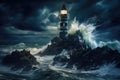 Lighthouse on stormy sea, An isolated iron lighthouse shining light out to sea at night as it sits on a rocky stone island being Royalty Free Stock Photo