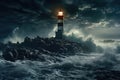 Lighthouse in stormy sea, An isolated iron lighthouse shining light out to sea at night as it sits on a rocky stone island being Royalty Free Stock Photo