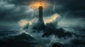 Lighthouse In Stormy Sea Landscape turbulent sea and dark clouds Sky background AI generated Royalty Free Stock Photo
