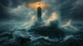 Lighthouse In Stormy Sea Landscape turbulent sea and dark clouds Sky background AI generated Royalty Free Stock Photo