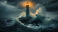 Lighthouse In Stormy Sea Landscape turbulent sea and dark clouds Sky background AI generated Royalty Free Stock Photo