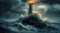 Lighthouse In Stormy Sea Landscape turbulent sea and dark clouds Sky background AI generated Royalty Free Stock Photo