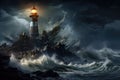 Lighthouse on stormy sea at night. 3D rendering. An isolated iron lighthouse shining light out to sea at night as it sits on a Royalty Free Stock Photo