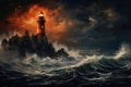 Lighthouse on a stormy sea at sunset. 3D rendering, An isolated iron lighthouse shining out to sea at night as it sits on a rocky