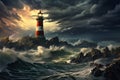 Lighthouse on stormy seascape. 3D illustration, AI Generated