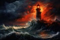 Lighthouse on a stormy seascape. 3D rendering, An isolated iron lighthouse shining out to sea at night as it sits on a rocky stone Royalty Free Stock Photo
