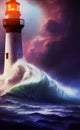 Lighthouse in stormy weather against the background of a of a stormy sky. Illustration