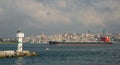 Lighthouse in the strait of Bosporus against the background of the city of Istanbul, Turkey and a oil tanker.