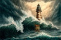 The lighthouse during strong waves, digital illustration painting artwork
