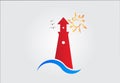 Lighthouse sun and ocean beach logo vector Royalty Free Stock Photo