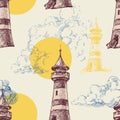 Lighthouse, sun and sky seamless pattern Royalty Free Stock Photo